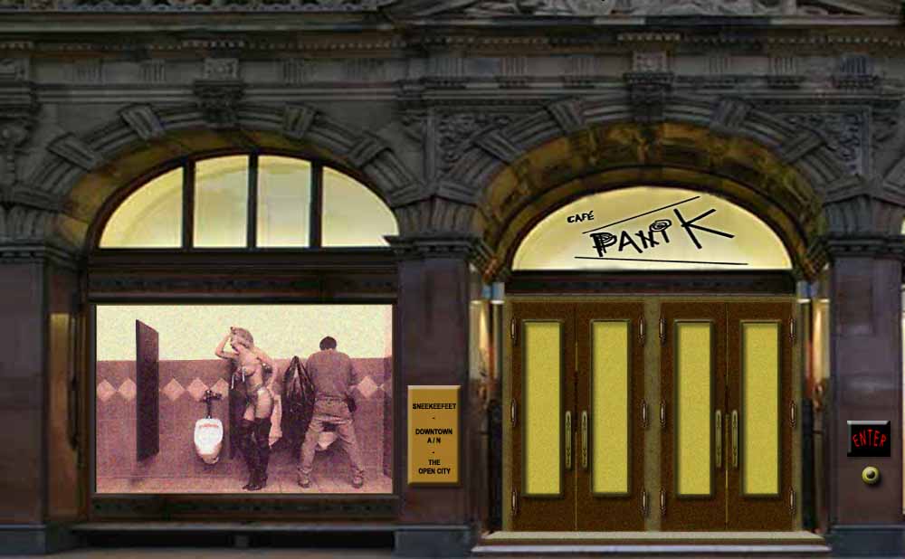 picture of building facade with two people in window bathroom